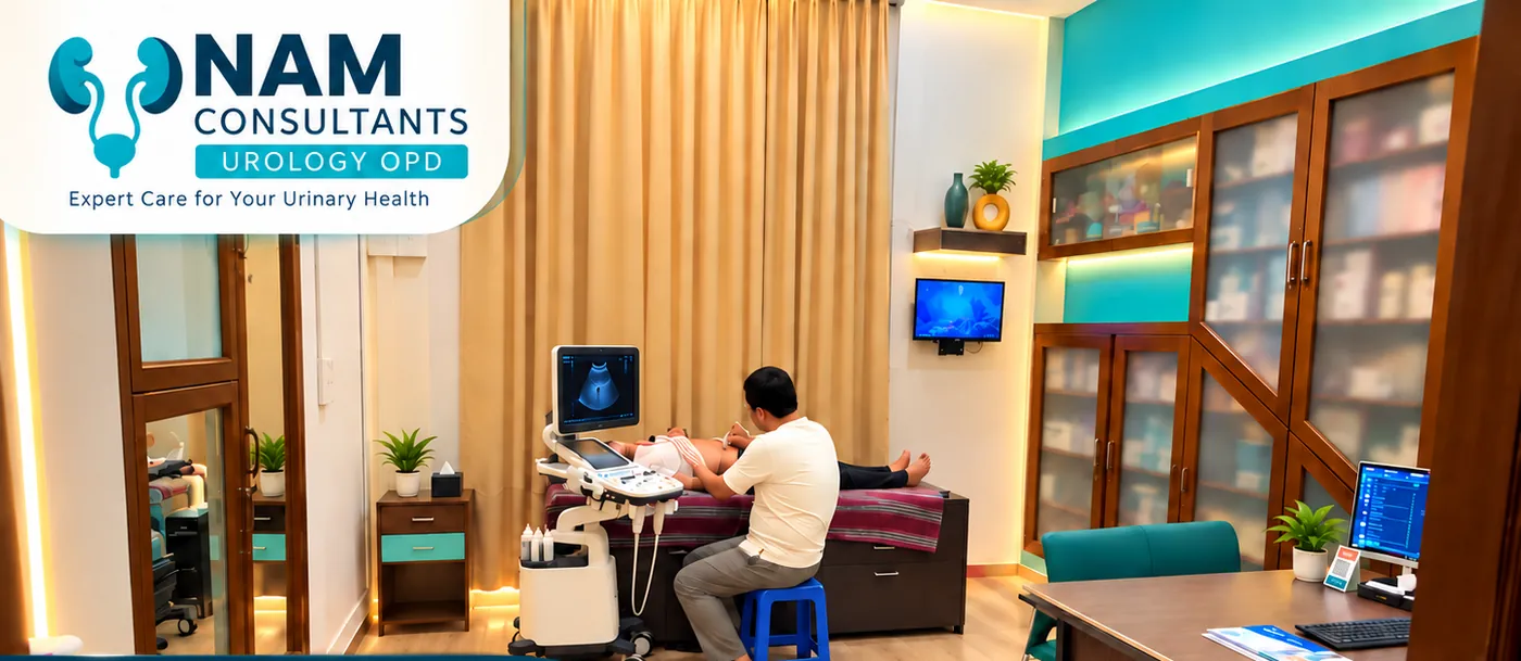 OPD consultation room with ultrasound machine at NAM Consultants Urology OPD