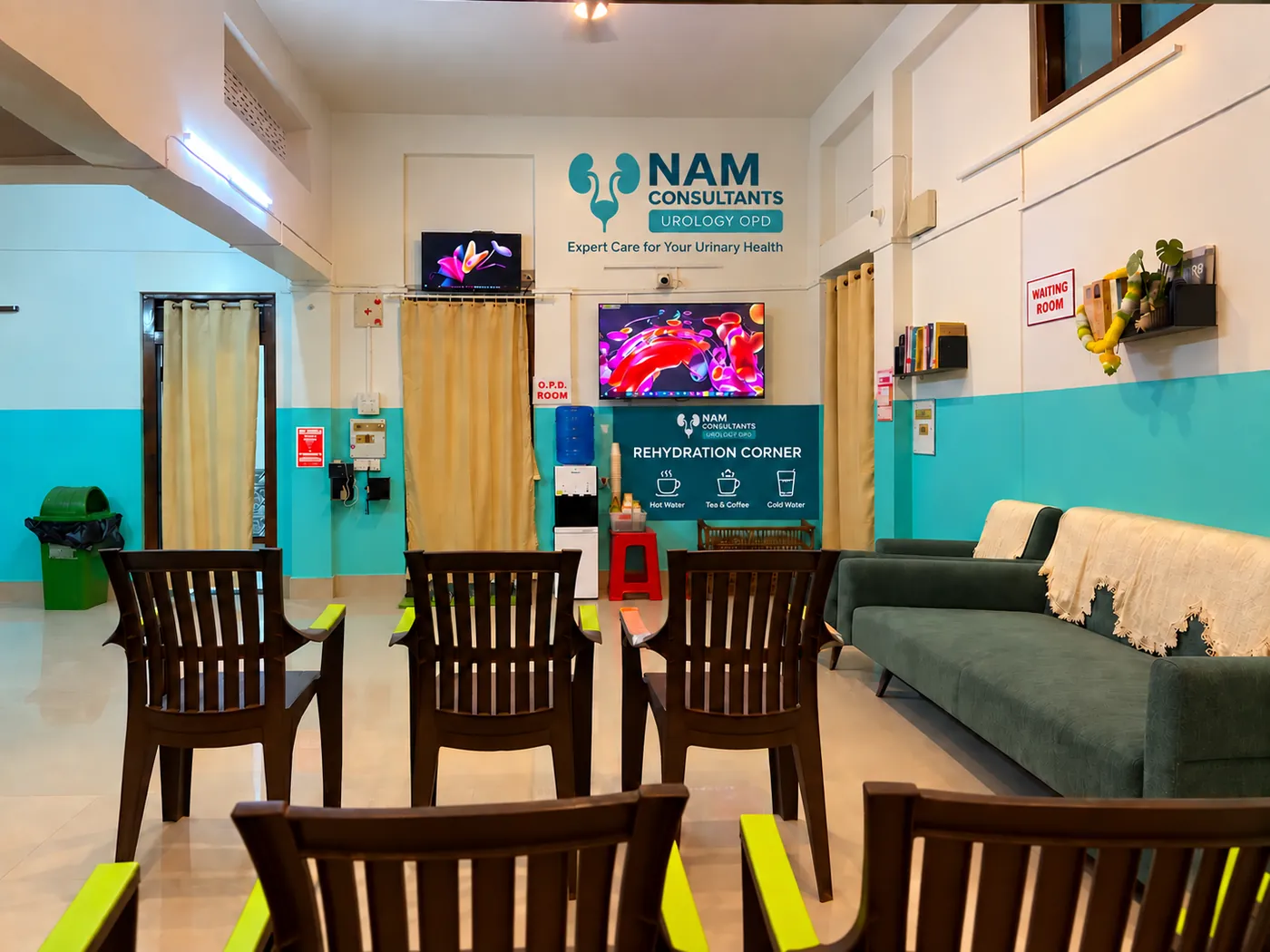 Waiting room at NAM Consultants Urology OPD, Singjamei, Imphal — seating, patient education screens and rehydration corner